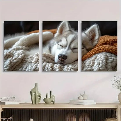 3pcs Vintage Siberian Husky Sleeping on Cozy Metal Print Ready to Hang Art