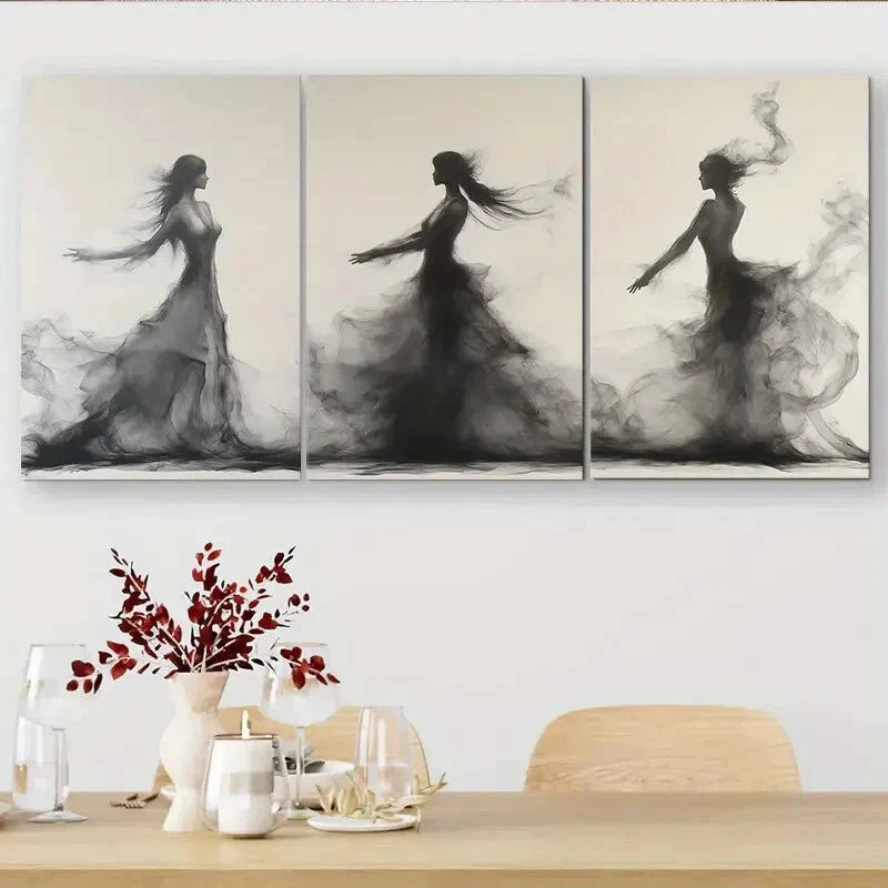 3pcs Flowing Black and White Figures Perfect Wall Art Set Canvas Framed 40x60cm - High Quality Print 100% Australian Made Wall Canvas Ready to Hang