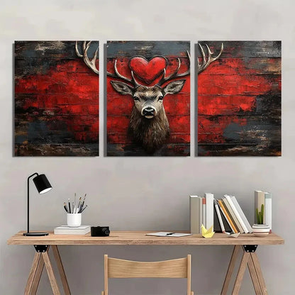 3pcs Rustic Deer Black & Red Distressed Metal Print Ready to Hang Art
