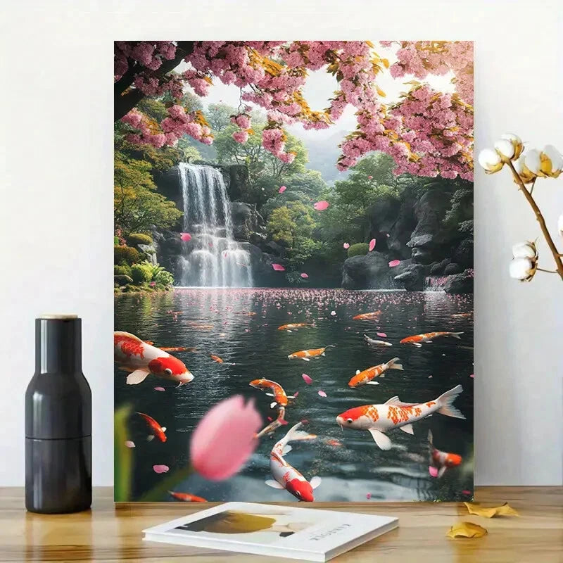 Beautiful Koi Pond with Cherry Blossoms Floating 40x60cm Metal Print Ready to Hang