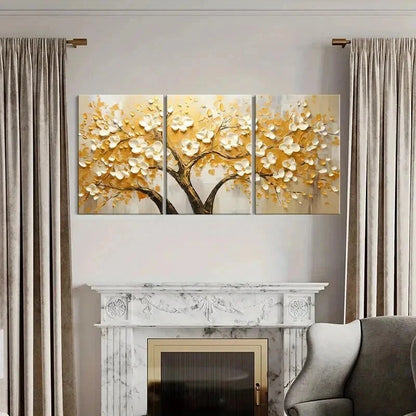 3pcs Abstract Golden Leaf White Flowers Wall Art Set Canvas Framed 40x60cm - High Quality Print 100% Australian Made Wall Canvas Ready to Hang