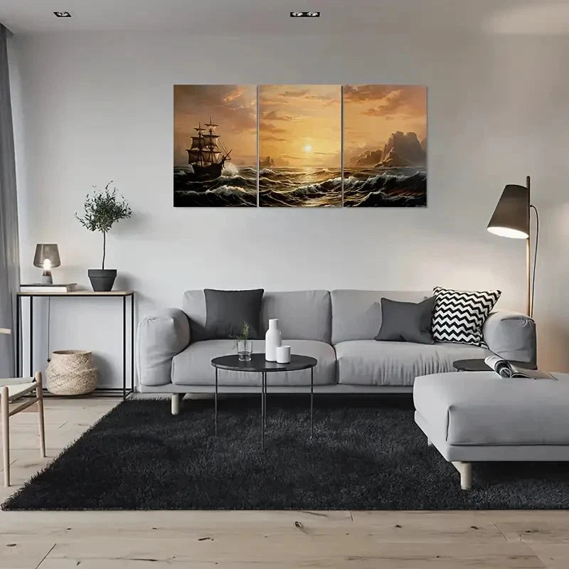 3pcs Ocean Sailing Ship and Sunset Metal Print Ready to Hang Art