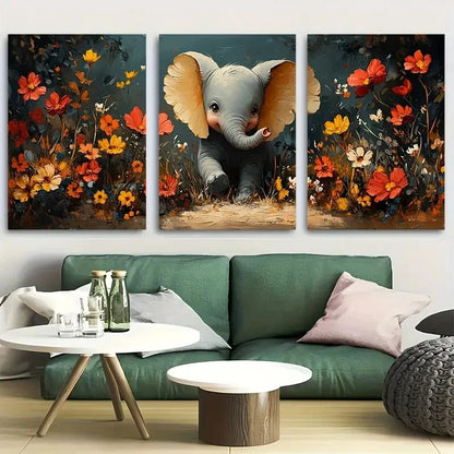 3pcs Playful Elephants Wildflower Perfect Wall Art Set Canvas Framed 40x60cm - High Quality Print 100% Australian Made Wall Canvas Ready to Hang