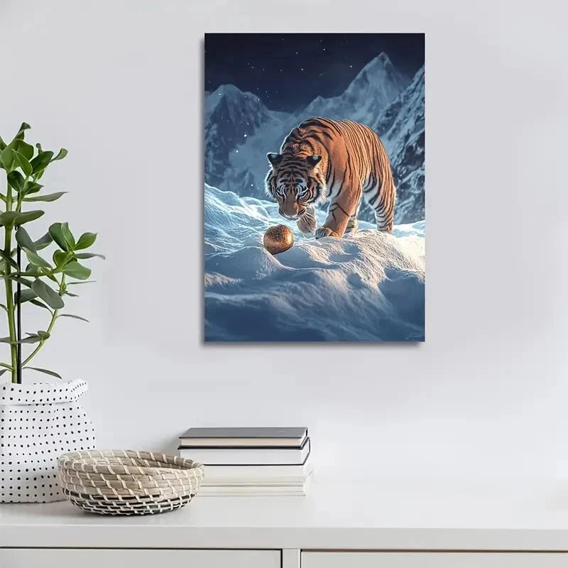 Dreamlike Tiger Playing with Ball On Snowy Painting 40x60cm Metal Print Ready to Hang