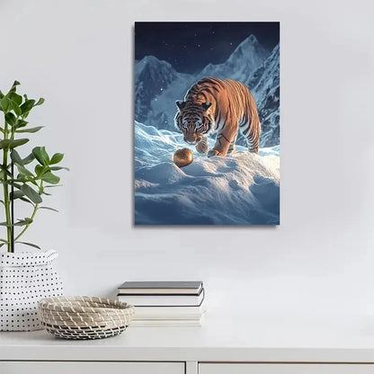 Dreamlike Tiger Playing with Ball On Snowy Painting 40x60cm Metal Print Ready to Hang
