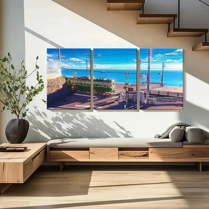 3pcs Seaside Town Landscape & Tram Wall Art Set Canvas Framed 40x60cm - High Quality Print 100% Australian Made Wall Canvas Ready to Hang