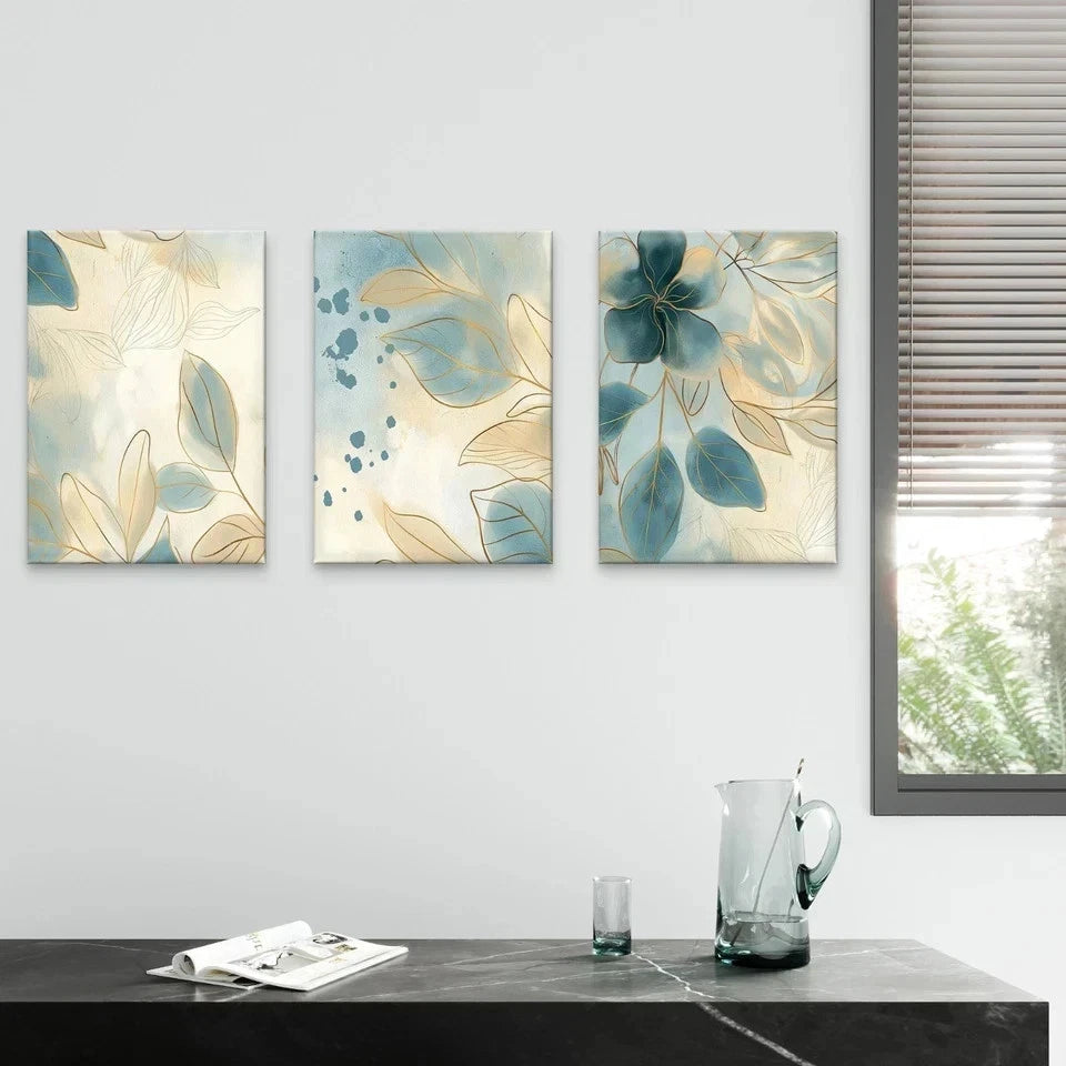 3pcs Modern Blue and Gold Floral Watercolour Wall Art Set Canvas Framed 50x70cm - High Quality Print 100% Australian Made Wall Canvas Ready to Hang
