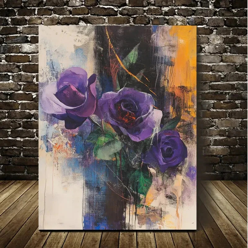 Vibrant Purple Roses & Orange Accents Painting 40x60cm Metal Print Ready to Hang