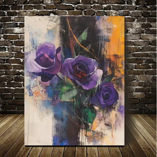 Vibrant Purple Roses & Orange Accents Painting 40x60cm Metal Print Ready to Hang