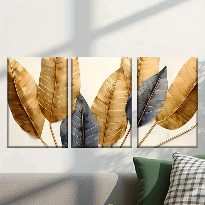 3pcs Three Golden Feathers on a White Wall Art Set Canvas Framed 40x60cm - High Quality Print 100% Australian Made Wall Canvas Ready to Hang