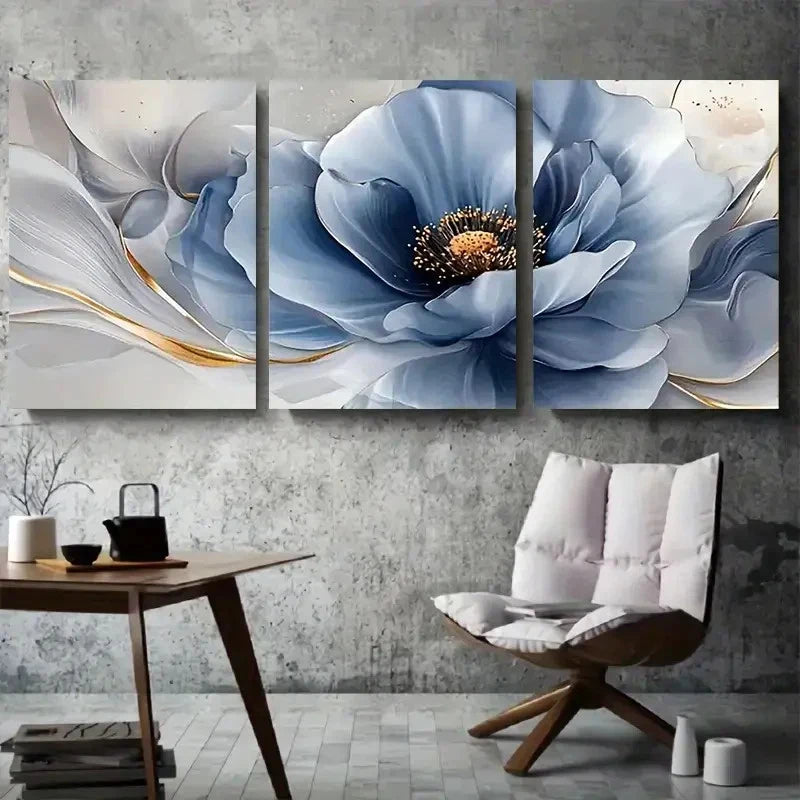 3pcs Golden Accents Blue Poppy Floral Metal Print Ready to Hang Art