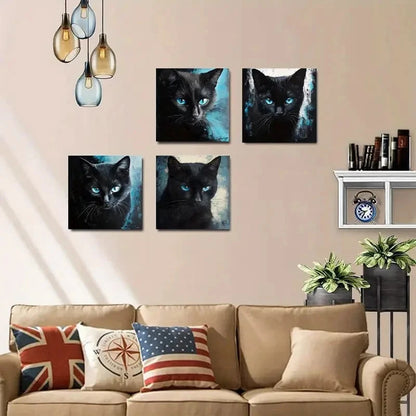 4pcs Stylish Black Cats with Blue Eyes Wall Art Canvas Framed