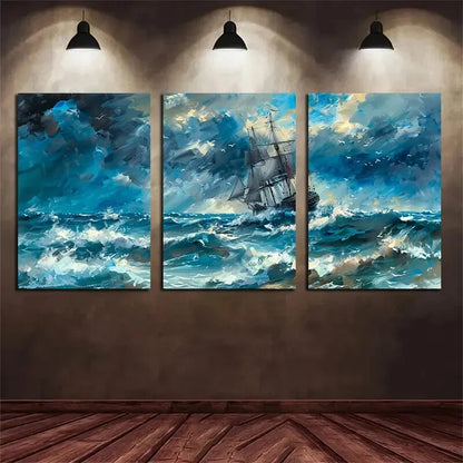 3pcs Nautical Storm Ocean Waves and Ship Metal Print Ready to Hang Art