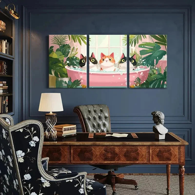 3pcs Whimsical Cats in Bathtub Tropical Plants Metal Print Ready to Hang Art