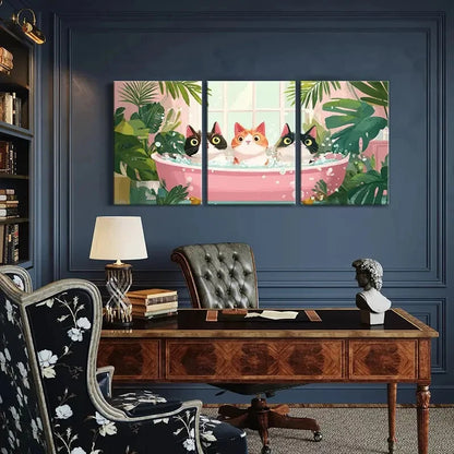 3pcs Whimsical Cats in Bathtub Tropical Plants Metal Print Ready to Hang Art