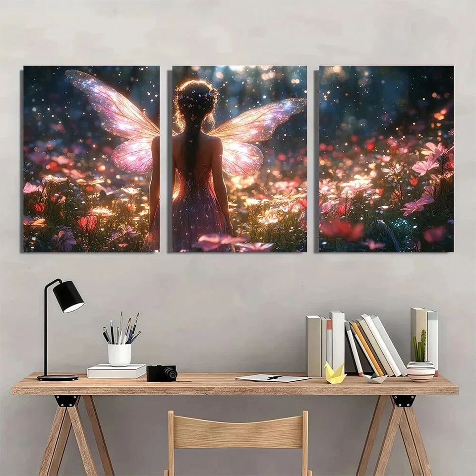 3pcs Glowing Wings & Forest & Colorful Lights Metal Print Ready to Hang Art
