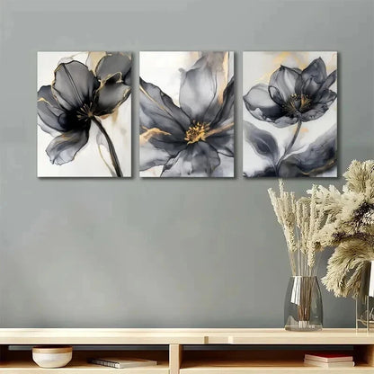 3pcs Black And Golden Abstract Flower Wall Art Set Canvas Framed 40x60cm - High Quality Print 100% Australian Made Wall Canvas Ready to Hang