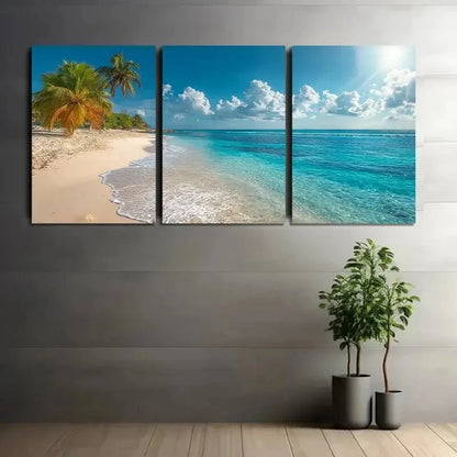 3pcs Beach Scene with Clear Blue Water & Swaying Metal Print Ready to Hang Art