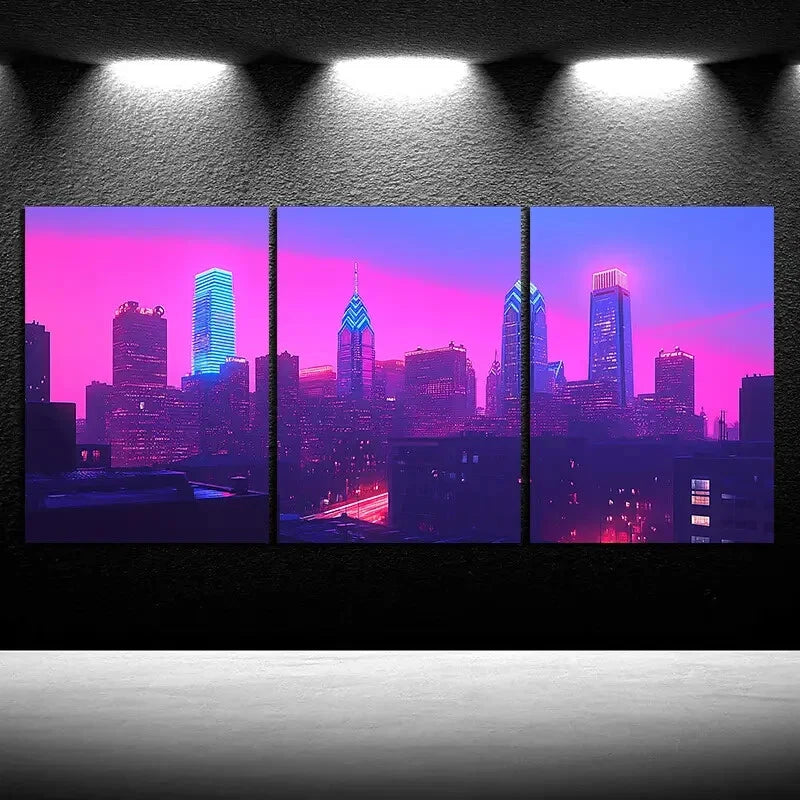 3pcs Colorful City Purple Themed Buildings Metal Print Ready to Hang Art