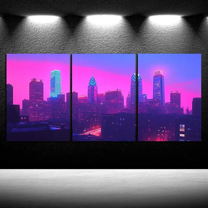 3pcs Colorful City Purple Themed Buildings Metal Print Ready to Hang Art