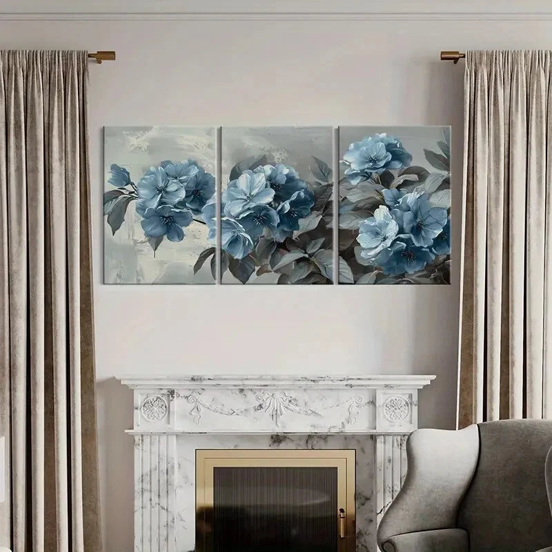 3pcs Abstract Vintage Blue Floral Design Wall Art Set Canvas Framed 40x60cm - High Quality Print 100% Australian Made Wall Canvas Ready to Hang