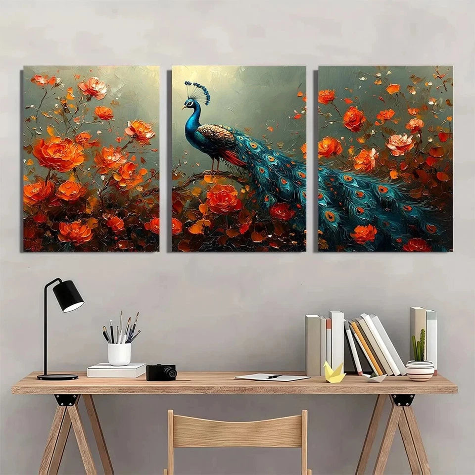 3pcs Painting Peacock Colourful Florals Metal Print Ready to Hang Art