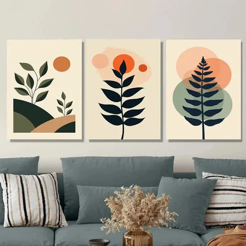 3pcs Modern Abstract Botanical 3 Minimalist Leaf Wall Art Set Canvas Unframed - High Quality Print 100% Australian Made Wall Canvas