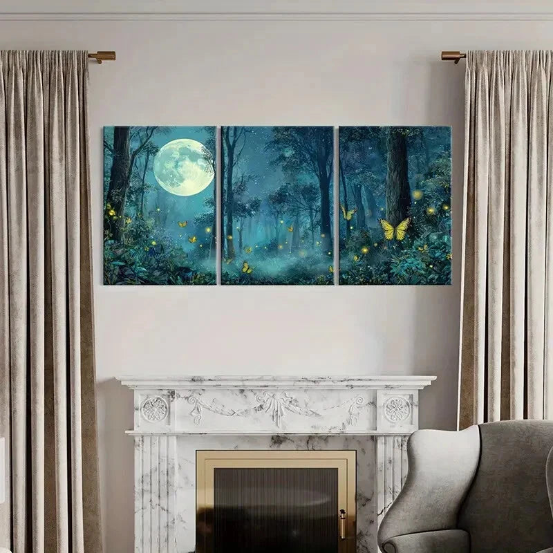 3pcs Enchanted Night Scene with Glowing ButterfliesMetal Print Ready to Hang Art