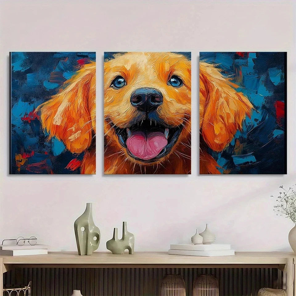 3pcs Painting Playful Dog Animal Themed Wall Art Set Canvas Framed 60x90cm - High Quality Print 100% Australian Made Wall Canvas Ready to Hang