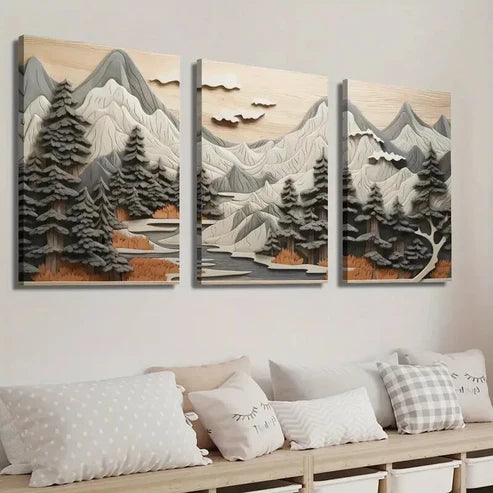 3pcs Forest Scene with Trees and Mountains Wall Art Set Canvas Unframed - High Quality Print 100% Australian Made Wall Canvas