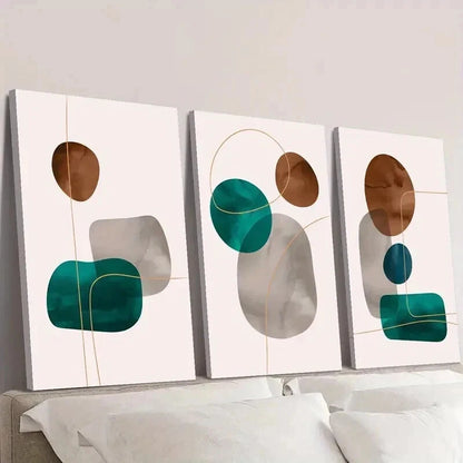 3pcs Blue Brown Grey Geometric Shape & Gold Line Wall Art Set Canvas Framed 40x60cm - High Quality Print 100% Australian Made Wall Canvas Ready to Hang