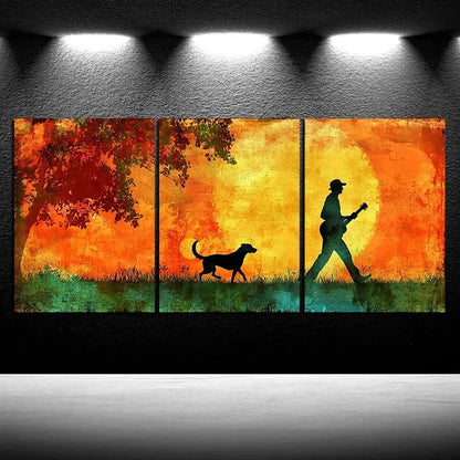 3pcs Man with Dog and Guitar Silhouette Metal Print Ready to Hang Art
