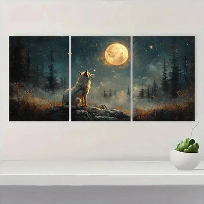 3pcs Howling Wolf Pine Trees & Glowing TG Wall Art Set Canvas Unframed - High Quality Print 100% Australian Made Wall Canvas