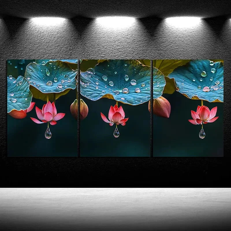 3pcs Leaves Adorned with Dewdrops Metal Print Ready to Hang Art