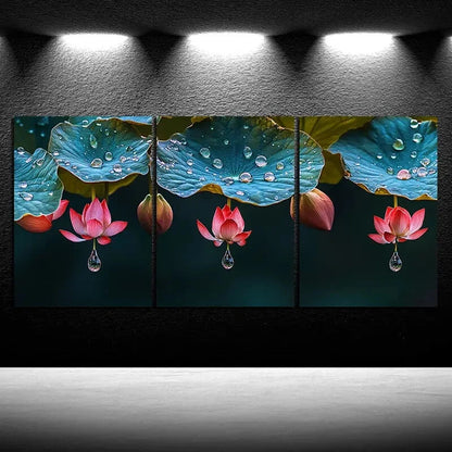 3pcs Leaves Adorned with Dewdrops Metal Print Ready to Hang Art