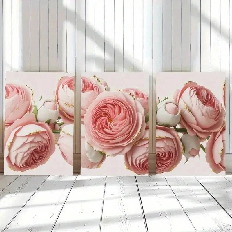 3pcs Artwork Pink Rose Floral Decor Metal Print Ready to Hang Art