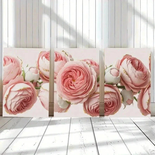3pcs Artwork Pink Rose Floral Decor Metal Print Ready to Hang Art