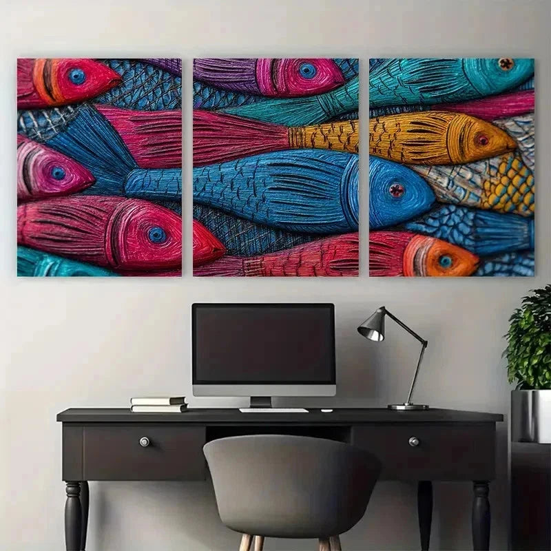3pcs Vibrant Fish Colorful Mombasa Perfect Wall Art Set Canvas Framed 60x90cm - High Quality Print 100% Australian Made Wall Canvas Ready to Hang