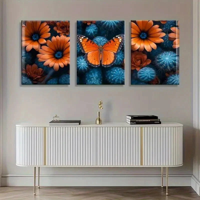 3pcs Stunning Orange & Blue Flower Designs Metal Print Ready to Hang Art