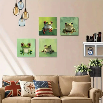 4pcs Whimsical Frog Paintings With Vibrant Color  Wall Art Canvas Framed