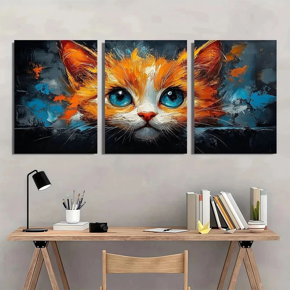 3pcs Vibrant Cat Blue & Orange Abstract Metal Print Ready to Hang Art
