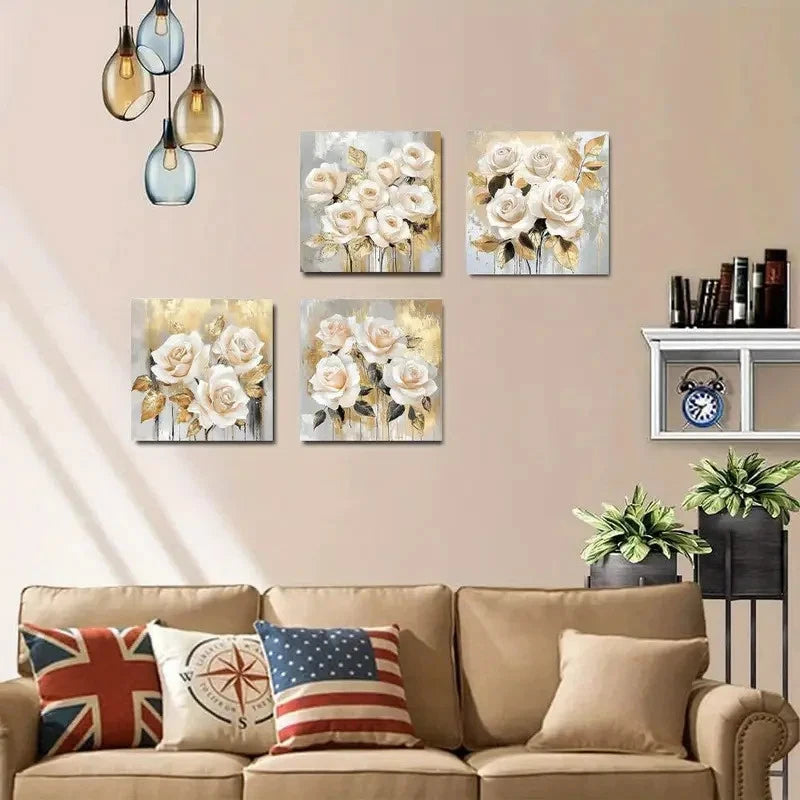 4pcs Flower Art White Floral Vintage Abstract Wall Art Canvas Framed