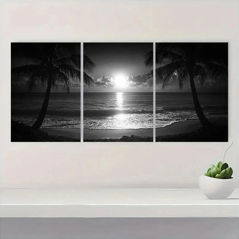3pcs Black and White Ocean Beach Metal Print Ready to Hang Art
