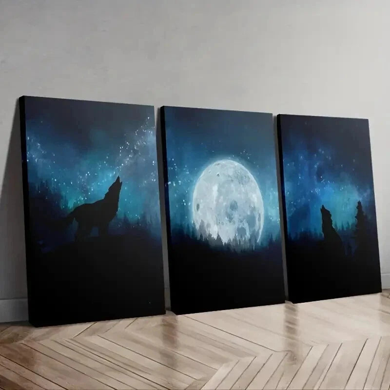 3pcs Wolf Howling at the Moon Blue Tones Night Wall Art Set Canvas Framed 40x60cm - High Quality Print 100% Australian Made Wall Canvas Ready to Hang