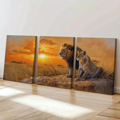 3pcs Lion Couple Sunset Grassland Majesty Wall Art Set Canvas Framed 40x60cm - High Quality Print 100% Australian Made Wall Canvas Ready to Hang
