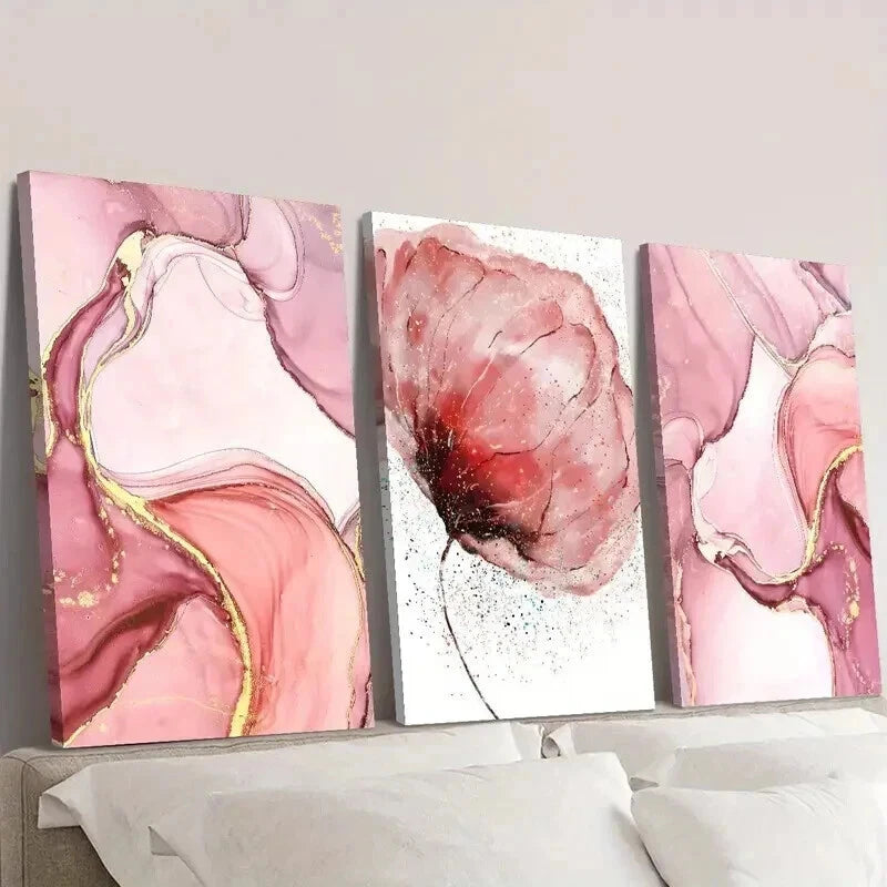 3pcs Abstract Gold Lined Pink Flowers & Design Wall Art Set Canvas Framed 40x60cm - High Quality Print 100% Australian Made Wall Canvas Ready to Hang