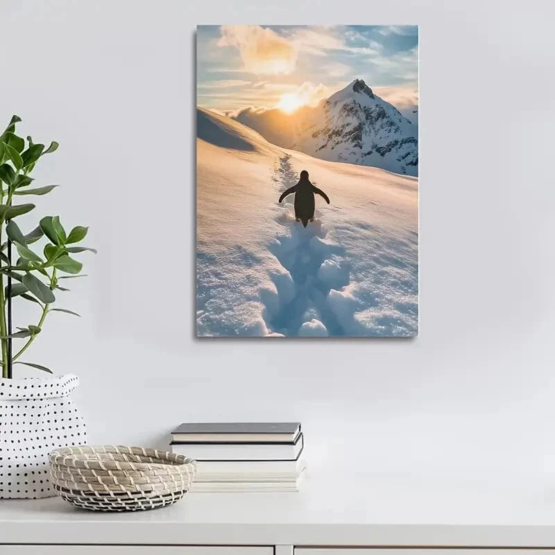 Inspirational Penguin Sliding in Snow Painting 40x60cm Metal Print Ready to Hang