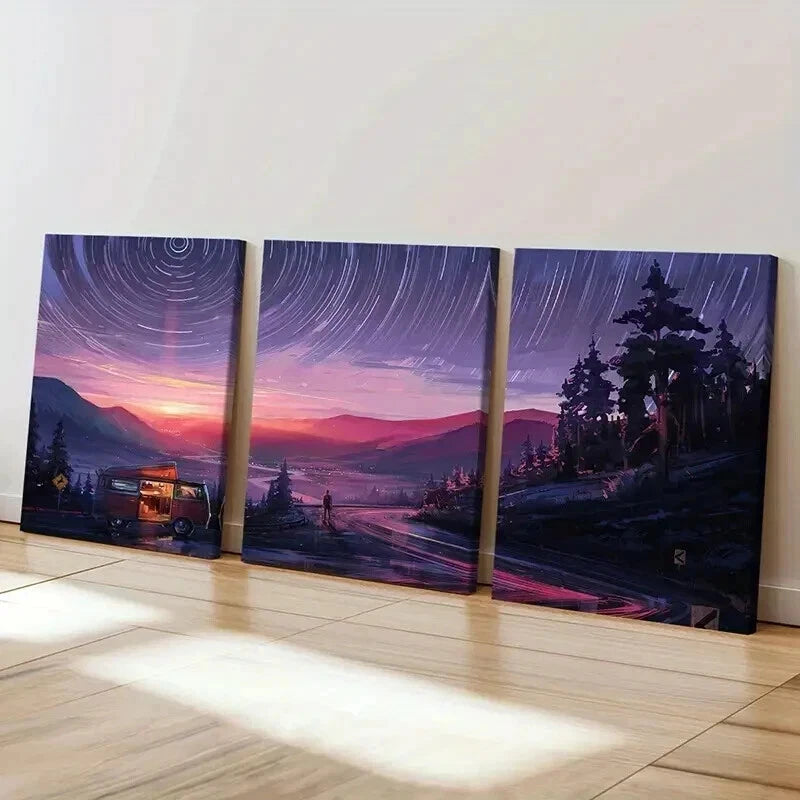3pcs Anime Scenery Vaporwave Sunset Cars & Road Wall Art Set Canvas Framed 40x60cm - High Quality Print 100% Australian Made Wall Canvas Ready to Hang