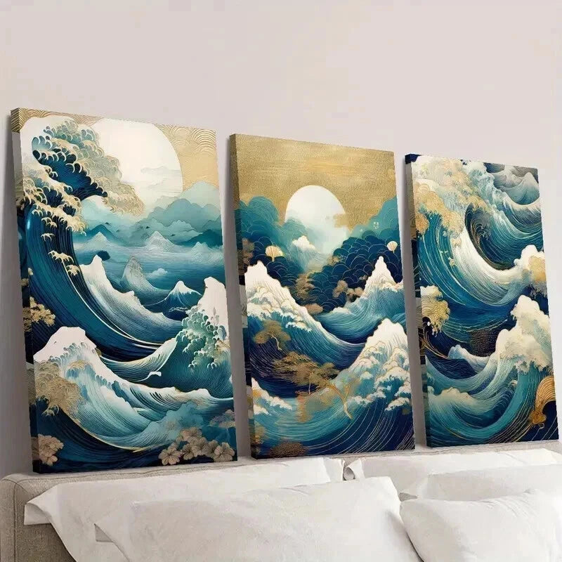 3pcs Moon Viewing & Hokusai Inspired Wave Wall Art Set Canvas Framed 40x60cm - High Quality Print 100% Australian Made Wall Canvas Ready to Hang
