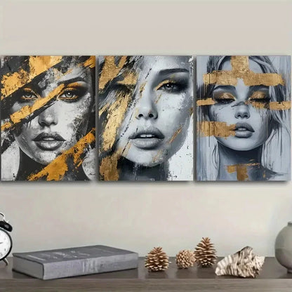 3pcs Abstract Woman Faces Black Golden & Gray Metal Print Ready to Hang Art